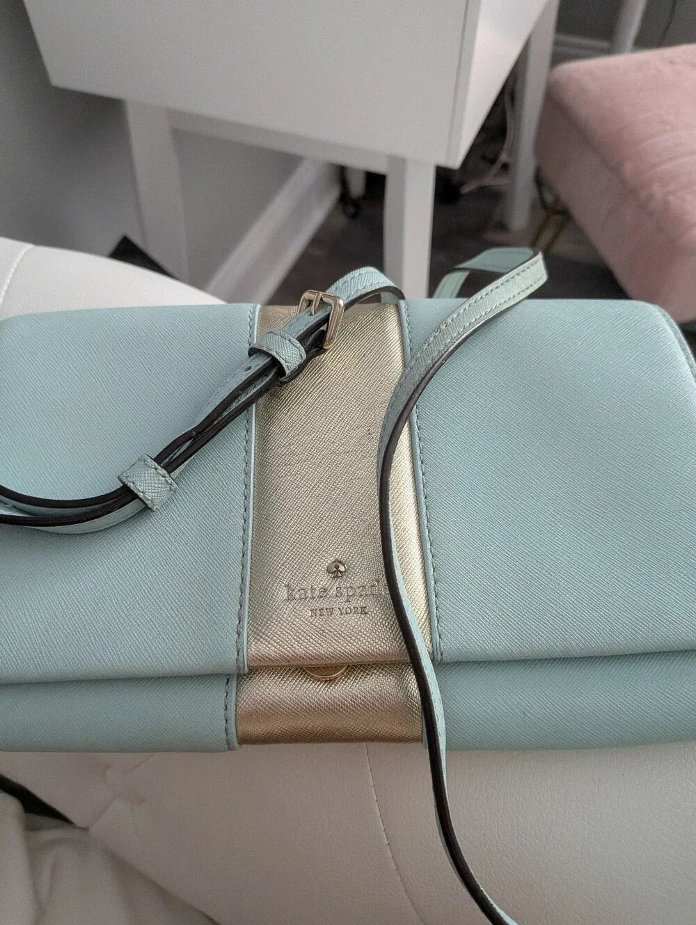 Kate Spade New York Aqua & Gold Saffiano Leather Envelope Crossbody Clutch